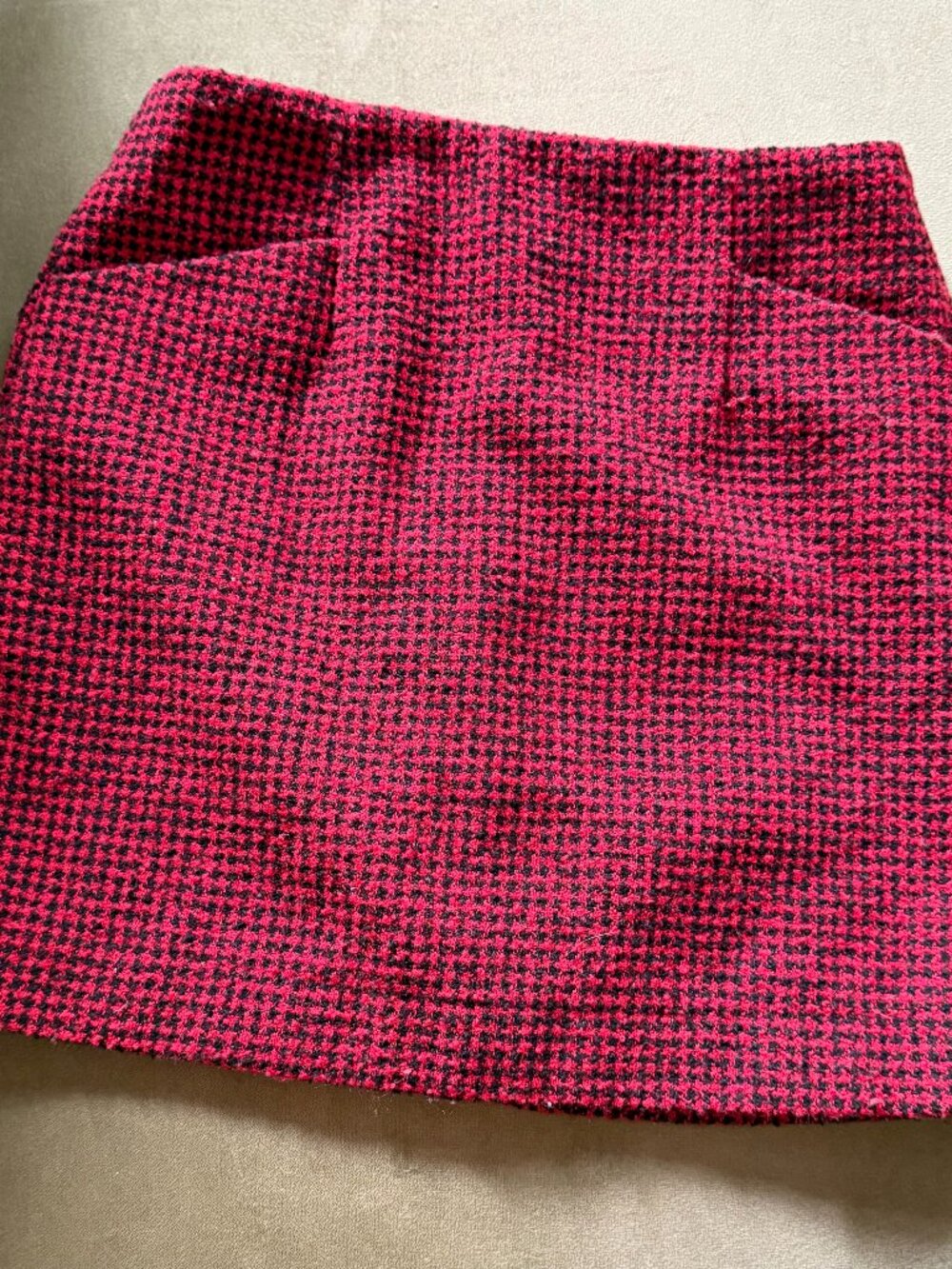 MNG Red Black Houndstooth Tweed Mini Skirt, Pockets